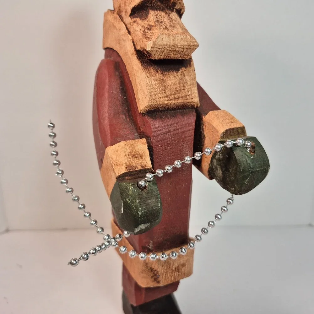 Hand Carved Folk Art Wood Santa Stringing Christmas Lights Signed JFS 11
